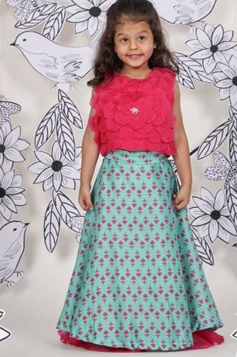 Rosette bloom girls lehenga 3d flower top with aqua & pink skirt
