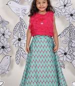 Rosette bloom girls lehenga 3d flower top with aqua & pink skirt