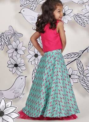 Rosette bloom girls lehenga 3d flower top with aqua & pink skirt 3