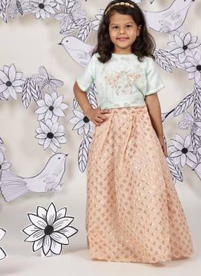 Blush buzz girls lehenga set blue bee embroidered top & peach skirt 1