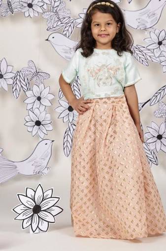 Blush buzz girls lehenga set blue bee embroidered top & peach skirt