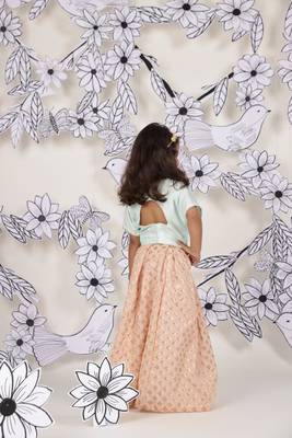 Blush buzz girls lehenga set blue bee embroidered top & peach skirt 2