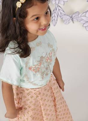 Blush buzz girls lehenga set blue bee embroidered top & peach skirt 3