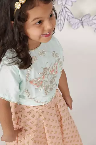 Blush buzz girls lehenga set blue bee embroidered top & peach skirt