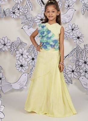 Mermaid bloom girls lehenga set lemon & aqua 3d ruffle drape look 1
