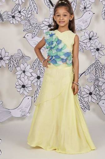 Mermaid bloom girls lehenga set lemon & aqua 3d ruffle drape look