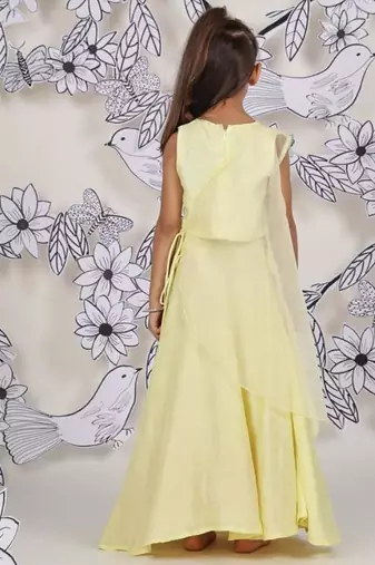 Mermaid bloom girls lehenga set lemon & aqua 3d ruffle drape look