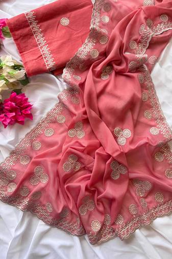 Dark Peach Zari Embroidery With Sequins Work Georgette Saree