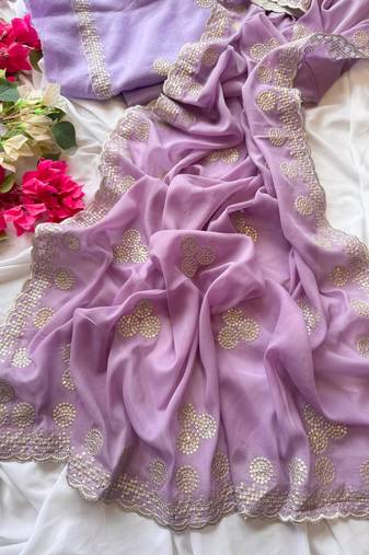 Lavender Color Zari Embroidery With Sequins Work Georgette Saree