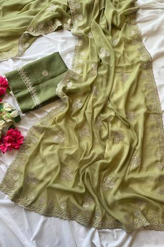 Olive Color Zari Embroidery With Sequins Work Georgette Saree