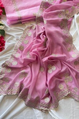 Pink Zari Embroidery With Sequins Work Georgette Saree