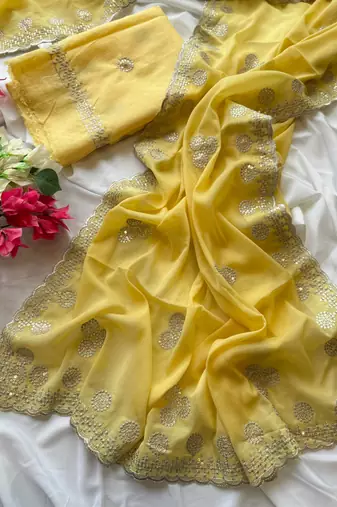 Yellow Zari Embroidery With Sequins Work Georgette Saree