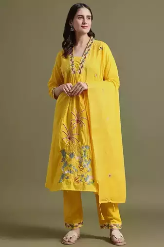 Yellow Embroidered Ram Boota Kurta and Pant Set with Dupatta
