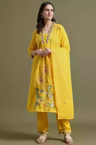 Yellow Embroidered Ram Boota Kurta and Pant Set with Dupatta