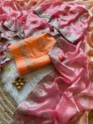 Orange Silver Thread Embroidered Dual Tone Fandy silk blend Saree 1