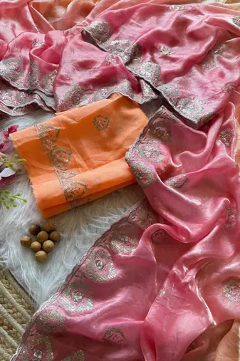 Orange Silver Thread Embroidered Dual Tone Fandy silk blend Saree