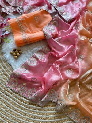Orange Silver Thread Embroidered Dual Tone Fandy silk blend Saree 2