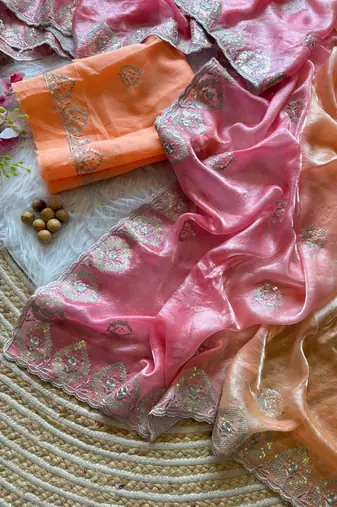 Orange Silver Thread Embroidered Dual Tone Fandy silk blend Saree
