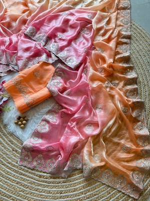 Orange Silver Thread Embroidered Dual Tone Fandy silk blend Saree 3