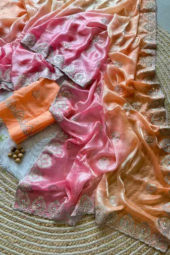 Orange Silver Thread Embroidered Dual Tone Fandy silk blend Saree