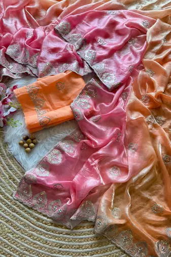 Orange Silver Thread Embroidered Dual Tone Fandy silk blend Saree