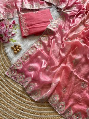 Dark Peach Silver Thread Embroidered Dual Tone Fandy silk blend Saree 1