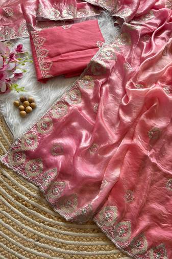Dark Peach Silver Thread Embroidered Dual Tone Fandy silk blend Saree