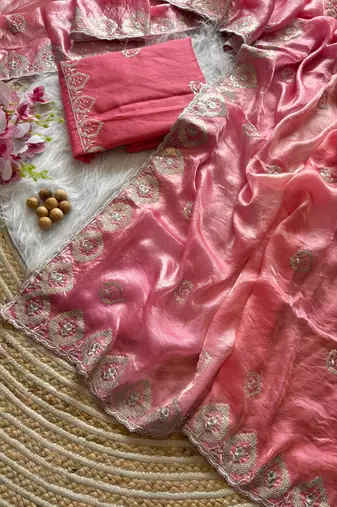 Dark Peach Silver Thread Embroidered Dual Tone Fandy silk blend Saree