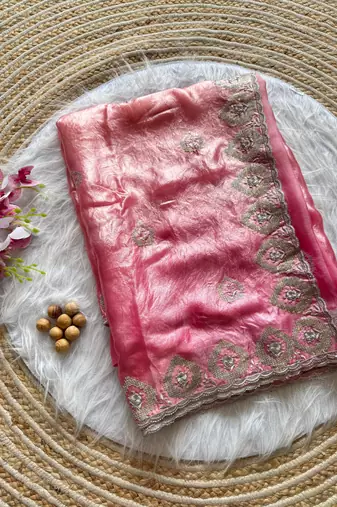 Dark Peach Silver Thread Embroidered Dual Tone Fandy silk blend Saree