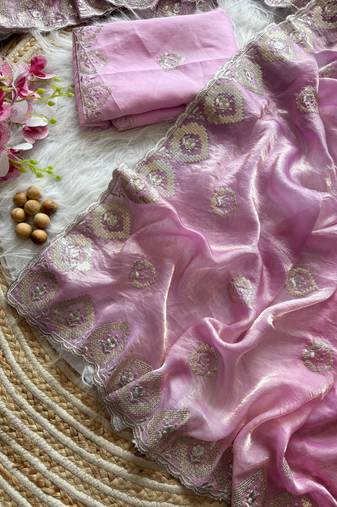 Pink Color Silver Thread Embroidery Work Dual Tone Fandy Silk Saree