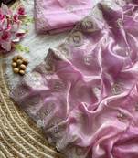 Pink Silver Thread Embroidered Dual Tone Fandy silk blend Saree