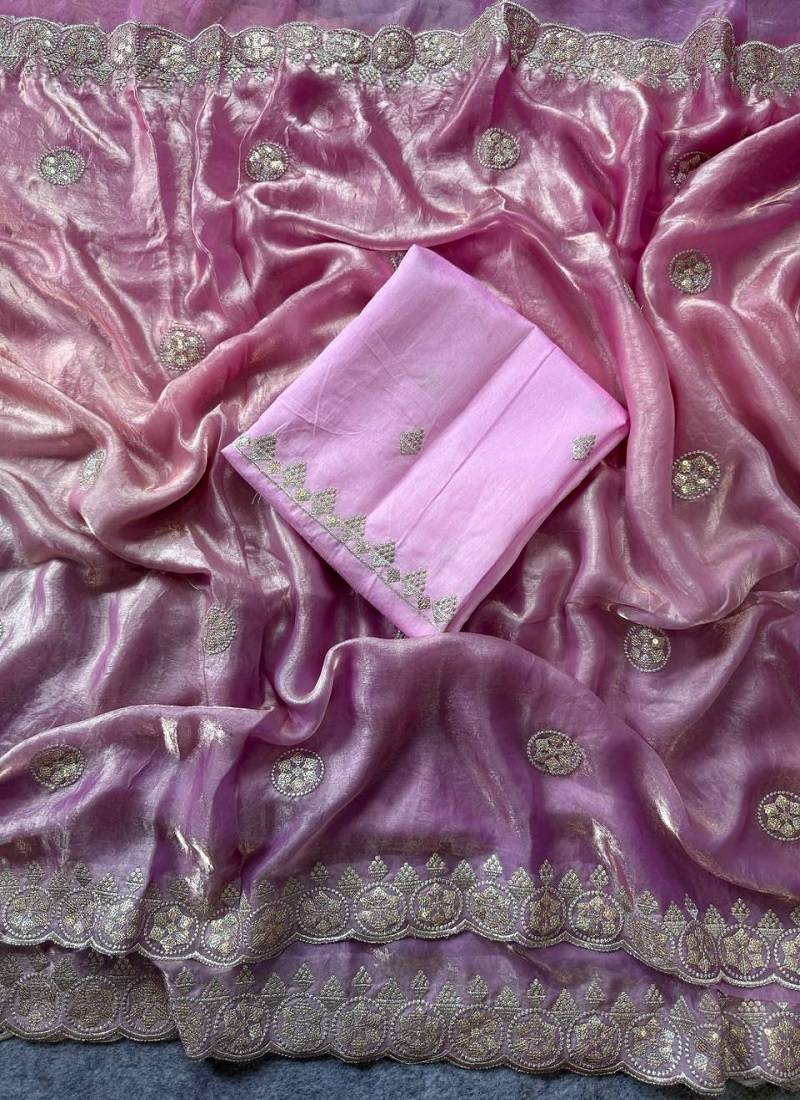 Pink Silver Thread Embroidered Dual Tone Fandy silk blend Saree