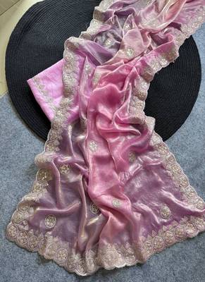 Pink Silver Thread Embroidered Dual Tone Fandy silk blend Saree 2