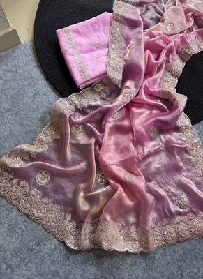 Pink Silver Thread Embroidered Dual Tone Fandy silk blend Saree 3