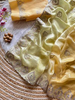 Yellow Silver Thread Embroidered Dual Tone Fandy silk blend Saree 1