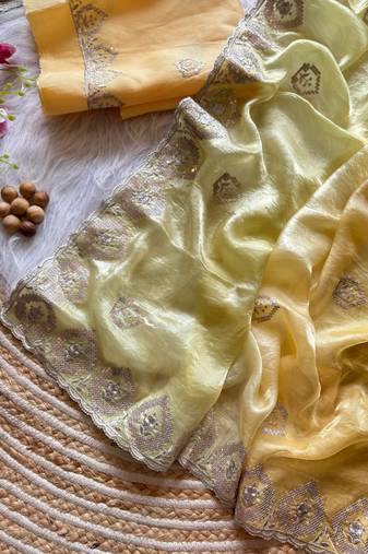 Yellow Silver Thread Embroidered Dual Tone Fandy silk blend Saree