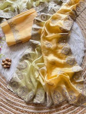 Yellow Silver Thread Embroidered Dual Tone Fandy silk blend Saree 2