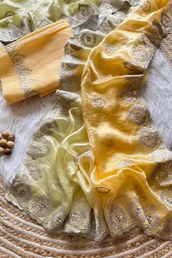 Yellow Silver Thread Embroidered Dual Tone Fandy silk blend Saree