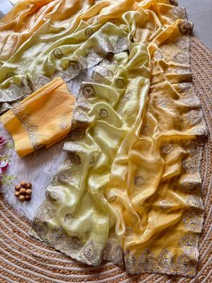 Yellow Silver Thread Embroidered Dual Tone Fandy silk blend Saree 3