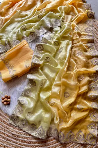 Yellow Silver Thread Embroidered Dual Tone Fandy silk blend Saree