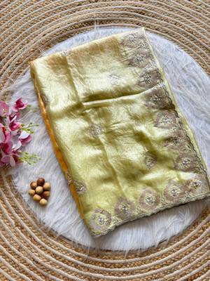 Yellow Silver Thread Embroidered Dual Tone Fandy silk blend Saree 4