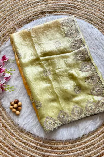 Yellow Silver Thread Embroidered Dual Tone Fandy silk blend Saree