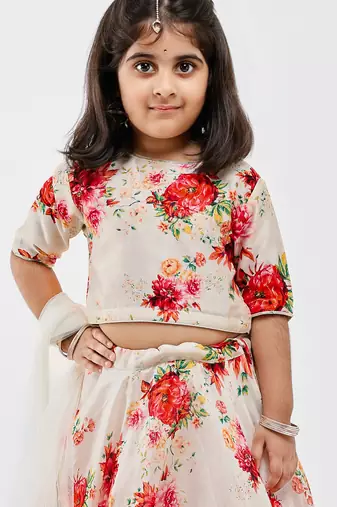 White floral printed chanderi lehenga