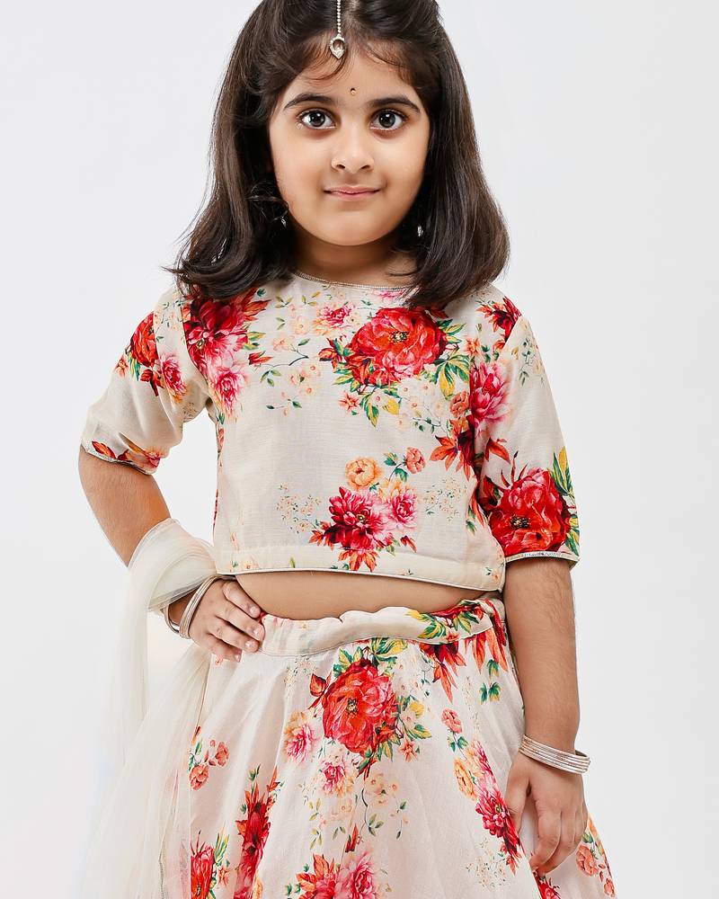 White floral printed chanderi lehenga