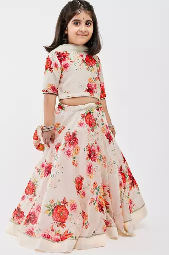 White floral printed chanderi lehenga