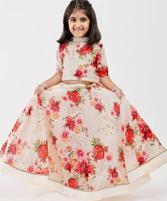 White floral printed chanderi lehenga 1
