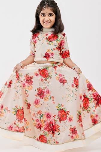 White floral printed chanderi lehenga