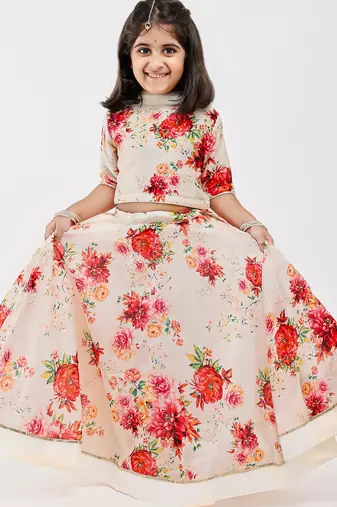 White floral printed chanderi lehenga