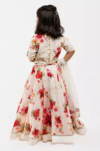 White floral printed chanderi lehenga