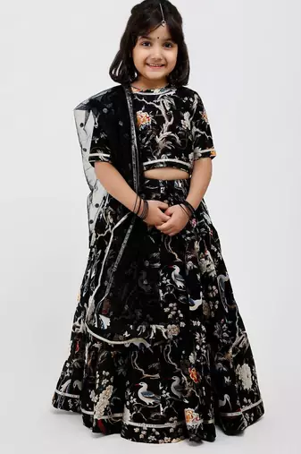 Black floral printed chanderi lehenga